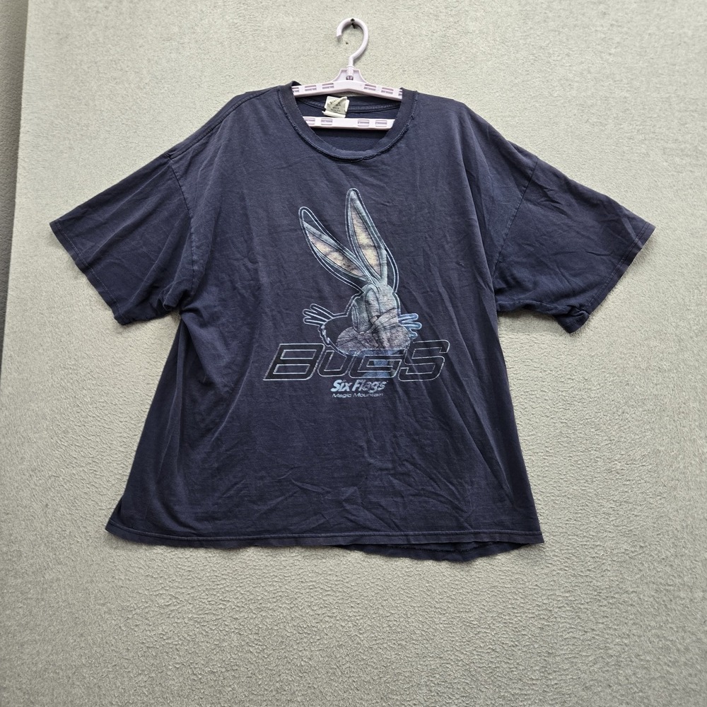VINTAGE Six Flags Men Shirt XXL Navy Graphic Bugs Bunny Print Logo READ
